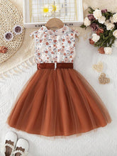 Young Girl Casual Woven Floral Allover Print Buttoned Polo Collar Tie Waist Mesh Lining Summer Dress